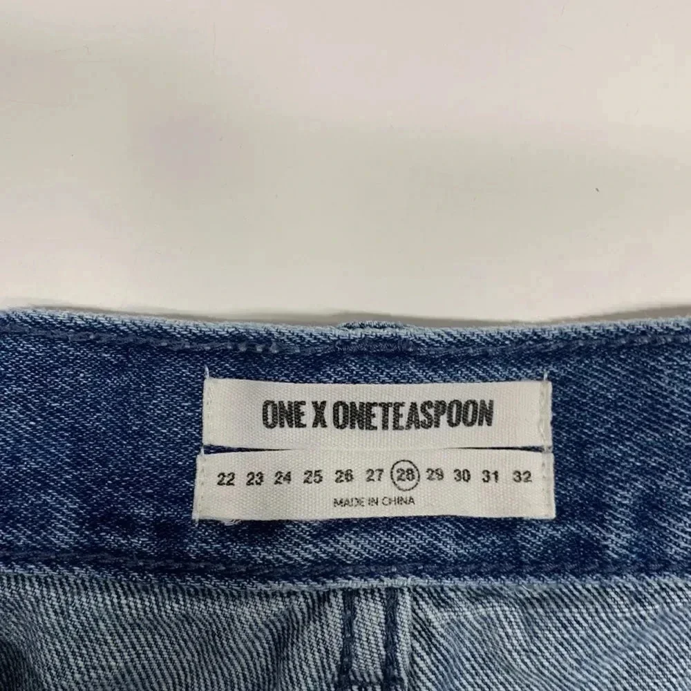 One Teaspoon Bandits Denim Jean Shorts Button Fly Twisted Distressed Blue 28